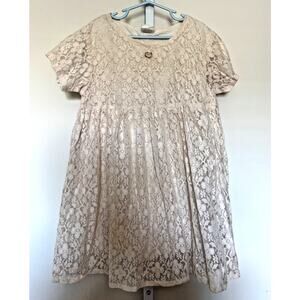 Vintage 90s Girls Lace Dress Size Small (7-8) Floral Cottagecore Beige Babydoll